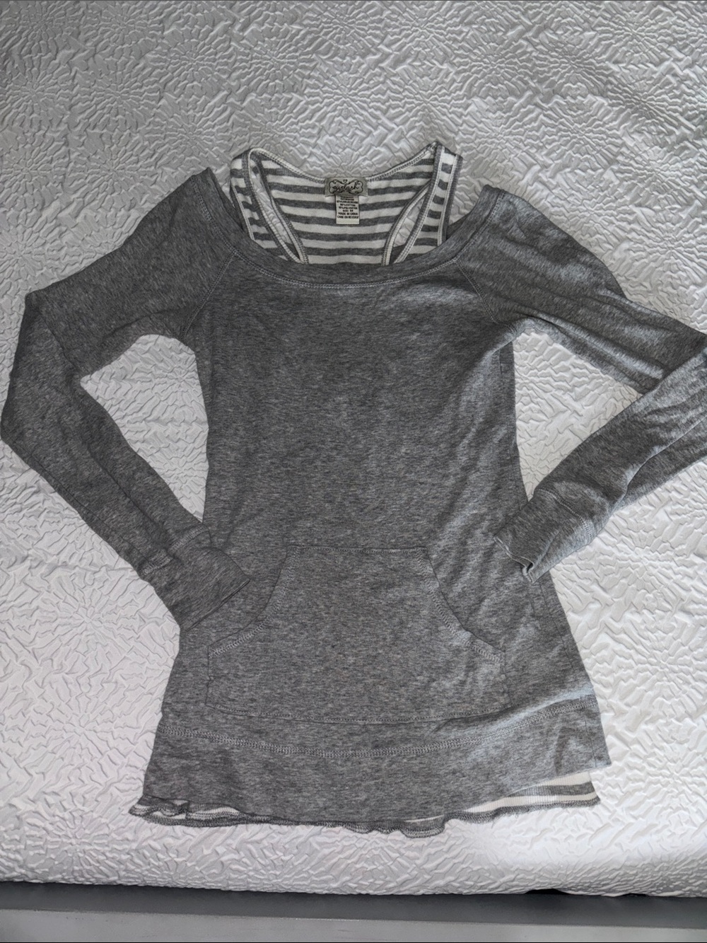 Gray and white layered off the shoulder tank sweater